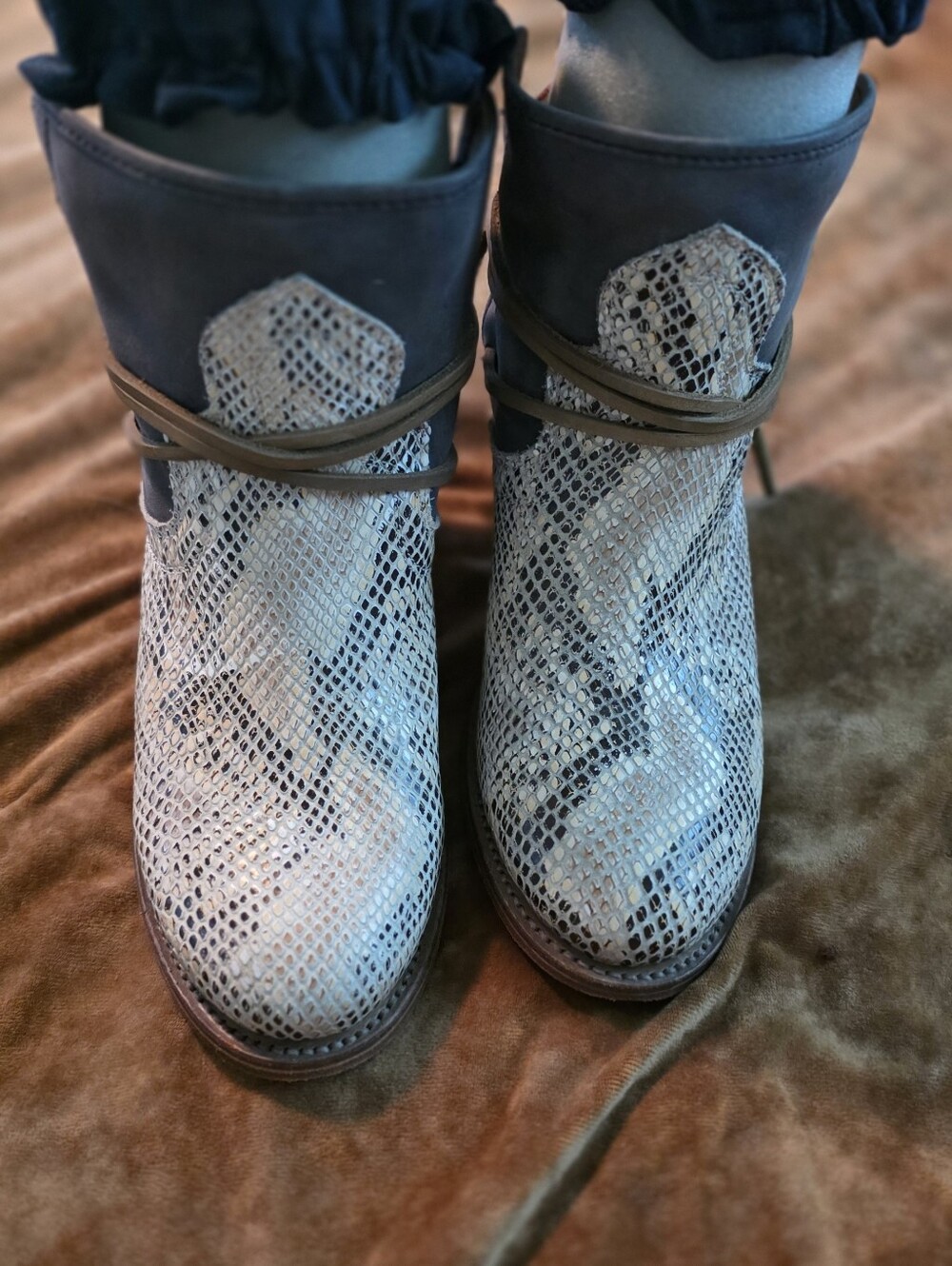 Freebird by Steven Blue and Cream Snakeskin Ankle Booties